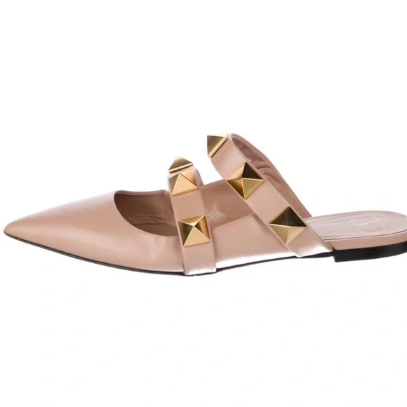 Valentino Rockstud Pointed Toe Mules in Nude with Gold Hardware
